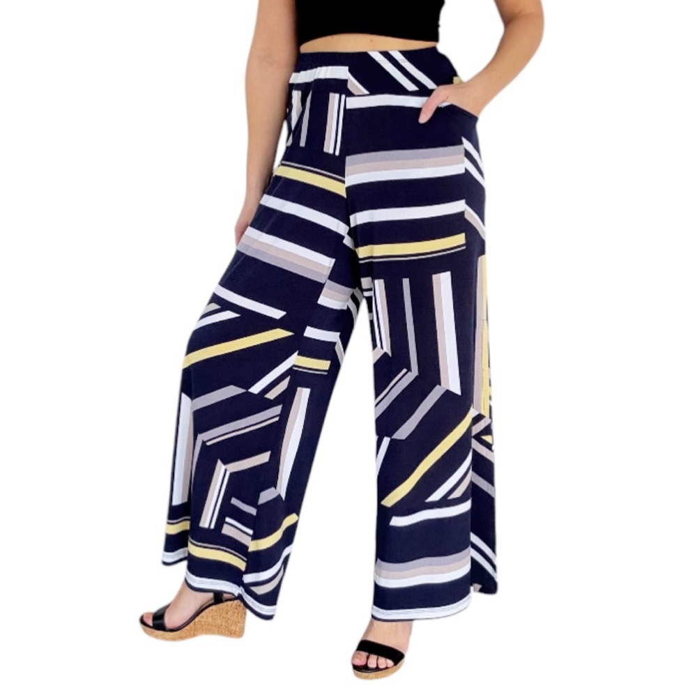 Artex Fashions black yellow abstract geometric stripe wide leg stretch pants XL